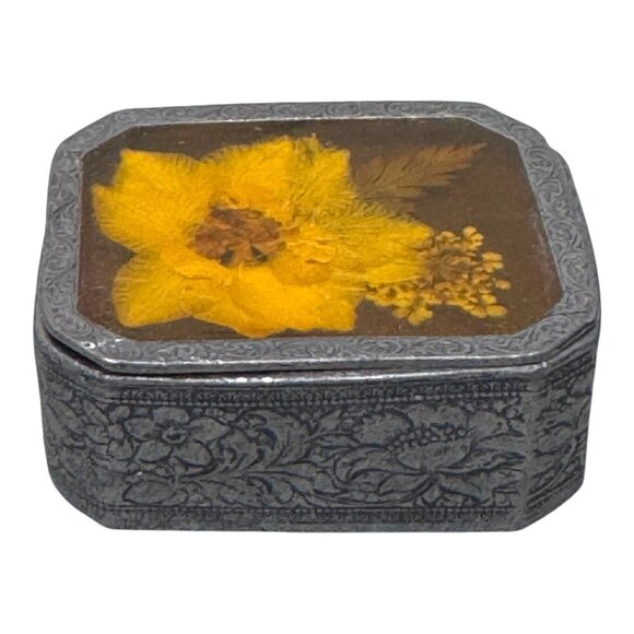 Vintage Floral Etched 2" Trinket Jewelry Ring Box Pressed Dried Flower Design - Picture 8 of 10